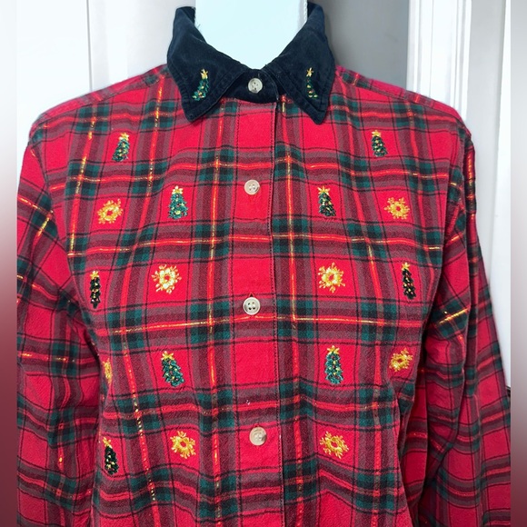 Bobbie Brooks Vintage Christmas Plaid Shirt Velvet Collar Embroidered Trees - Picture 7 of 11
